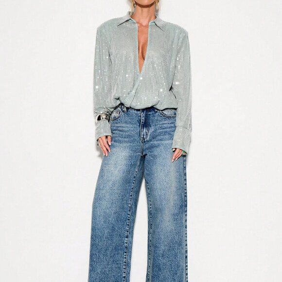 Dusty Blue Casual Women's Metallic Sequin Long Sleeve Evening Plunge Bodysuit - Picture 4 of 5